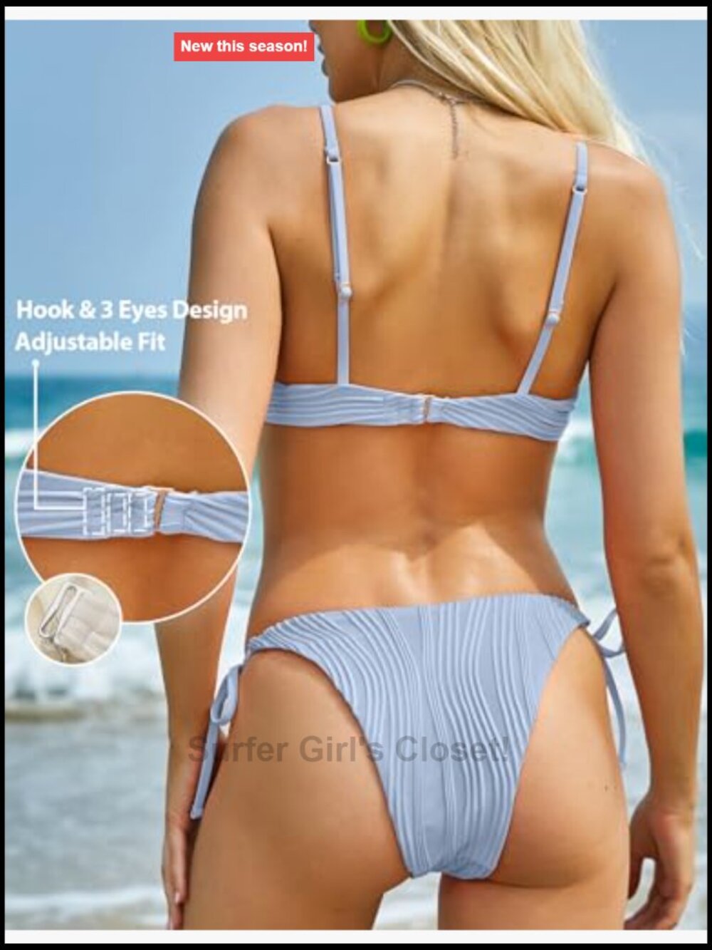 Ribbed Underwire Bikini Set Adjustable Back Side Tie Thong - Picture 4 of 7